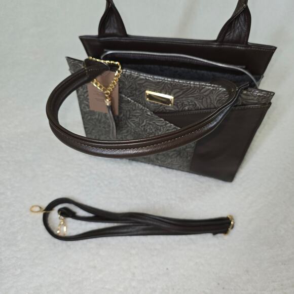 Silver Floral Embossed with Brown Calfskin Leather Tote bag Made in Mexico - Picture 4 of 7